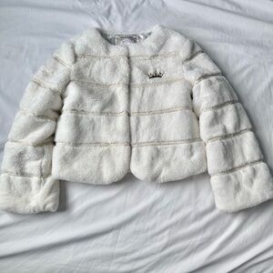 Disney Girls' White Faux Fur Jacket with Gold Crown Pin
